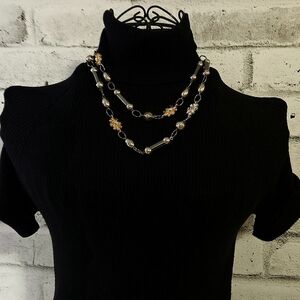 Lia Sophia Long Statement Necklace – Mixed Metals, Faux Pearls & Gold Floral